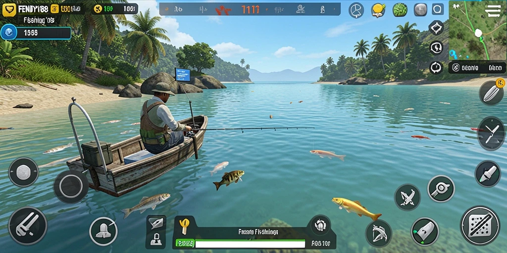 Tampilan gameplay FENDY188 saat menangkap ikan di pantai yang indah.