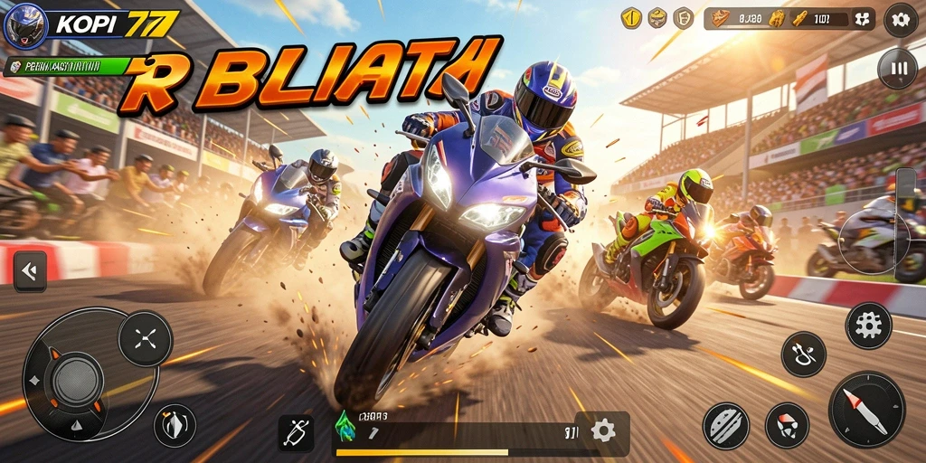Screenshot gameplay KOPI77 memperlihatkan balapan motor yang seru dan menegangkan.
